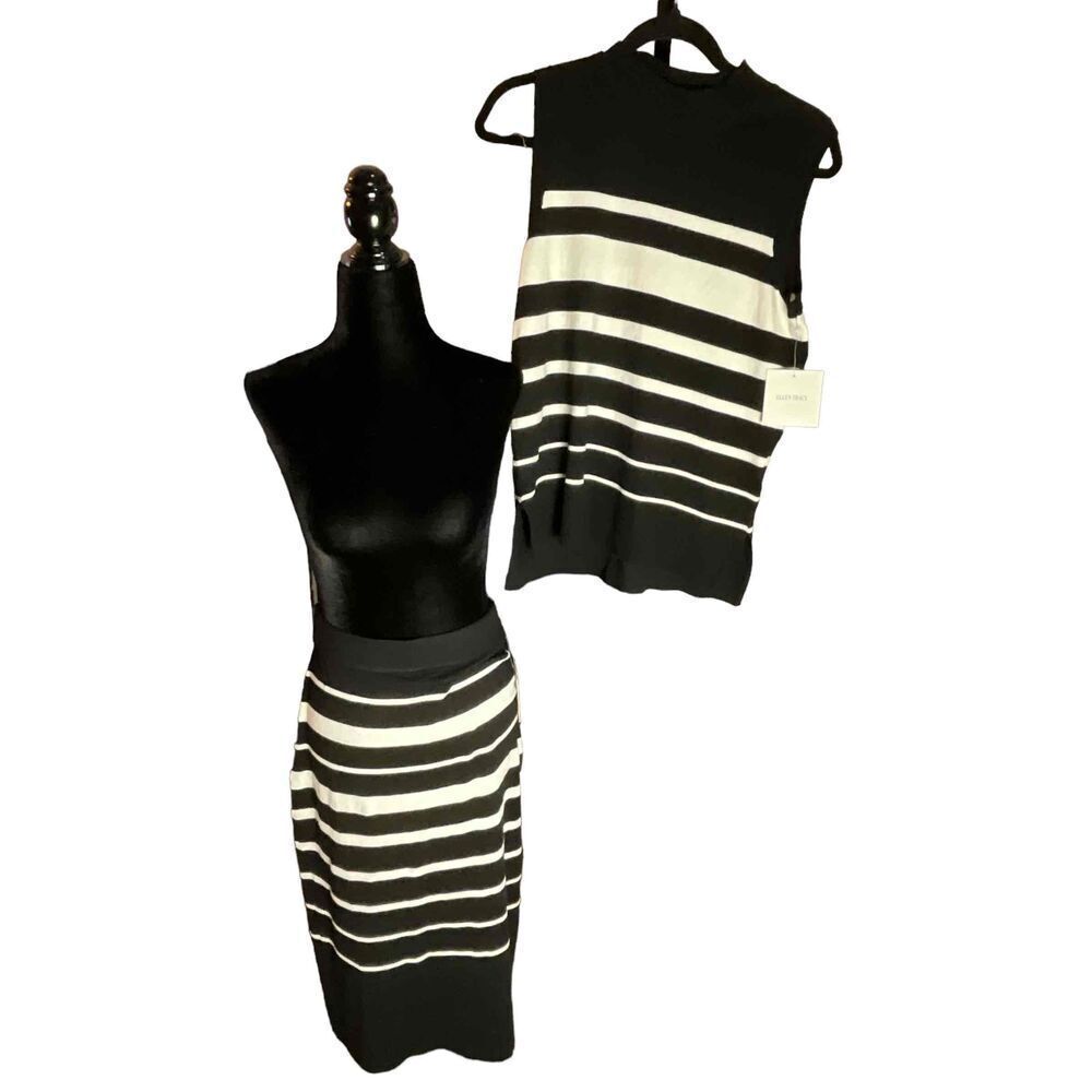 Ellen Tracy Womens Medium Striped 2 Piece Sleeveless Shell Pencil Skirt Set